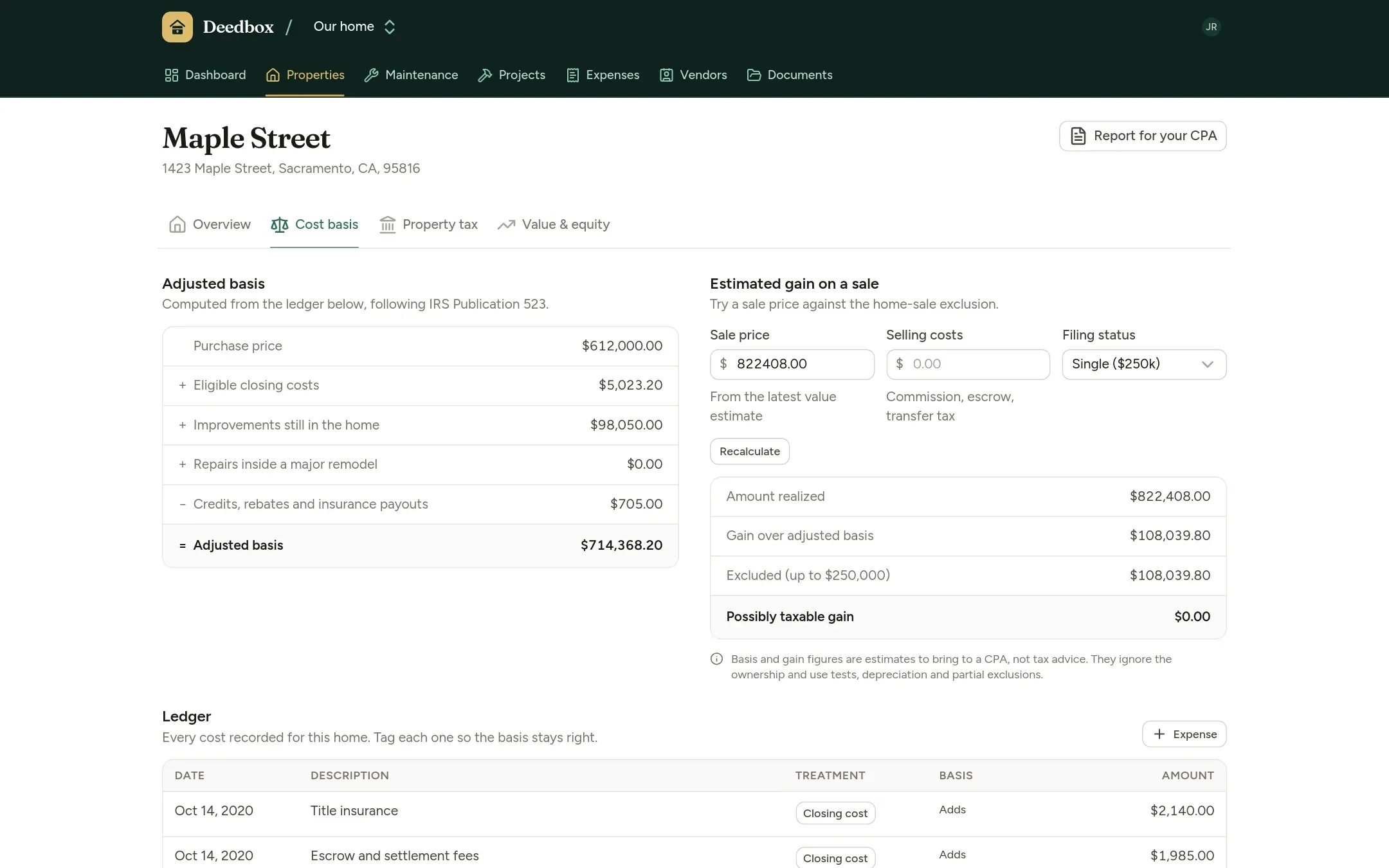Adjusted cost basis in Deedbox
